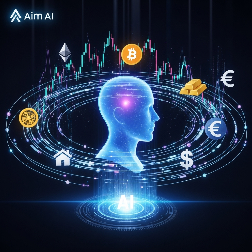 에임 AI의 개인 맞춤형 자산 관리를 시각화한 그래픽. 글로벌 자산 기호와 데이터 흐름이 사람의 프로필을 감싸는 미래지향적인 이미지.