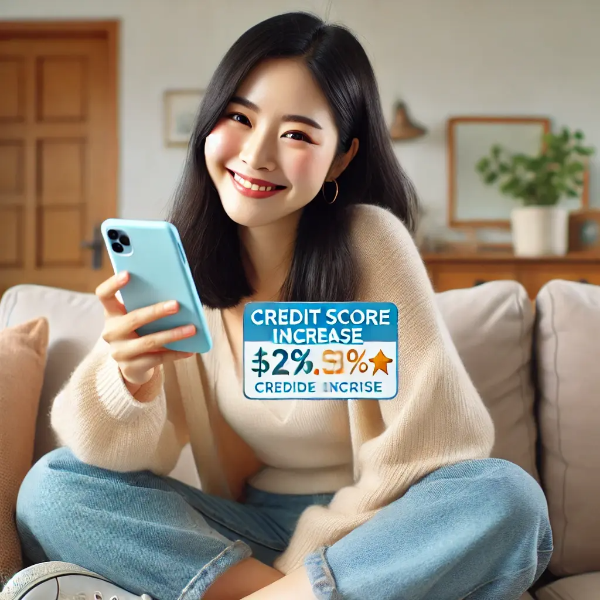 신용점수 상승 알림을 보며 미소 짓는 동양인 여성