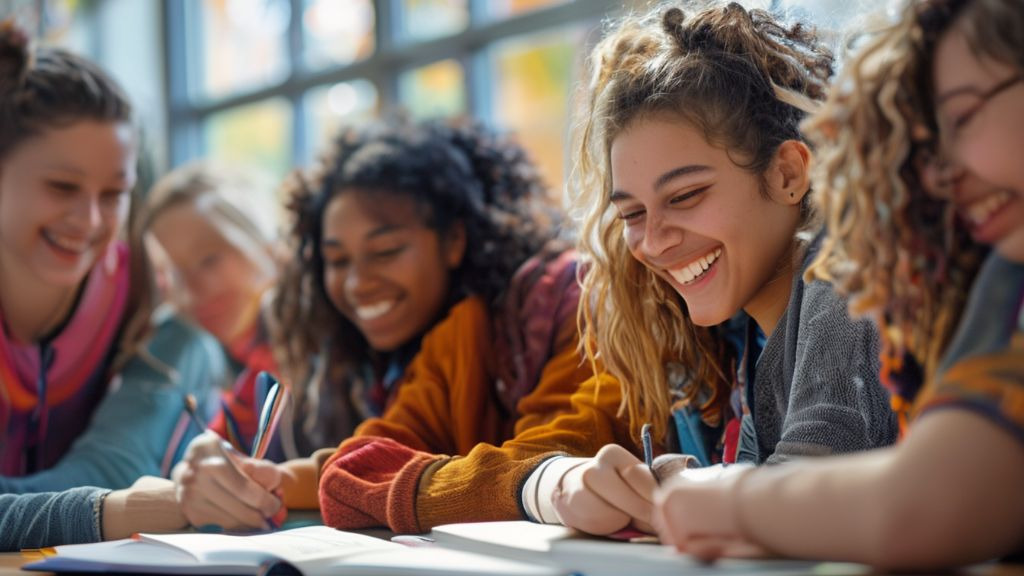 다양한 배경의 여학생들이 교실에서 웃으며 공부하는 모습 