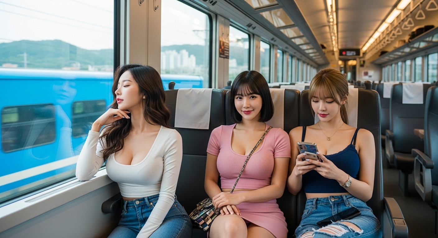 기차에 탑승해있는 여자들