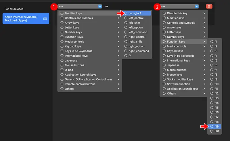 karabiner-Elements 에서 macOS의 한영키인 caps lock키를 F19키로 재맵핑하는 모습