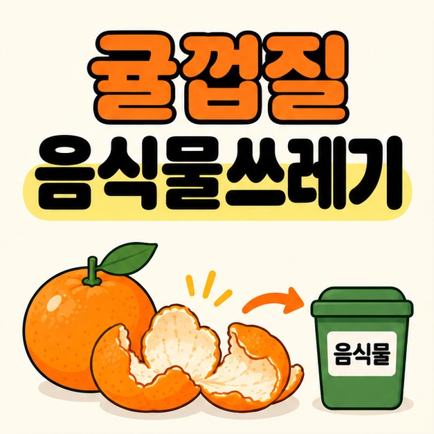 귤껍질 음식물쓰레기라는 큰 제목 아래 귤과 벗긴 껍질에서 음식물 수거용기로 향하는 화살표가 있는 대표 이미지