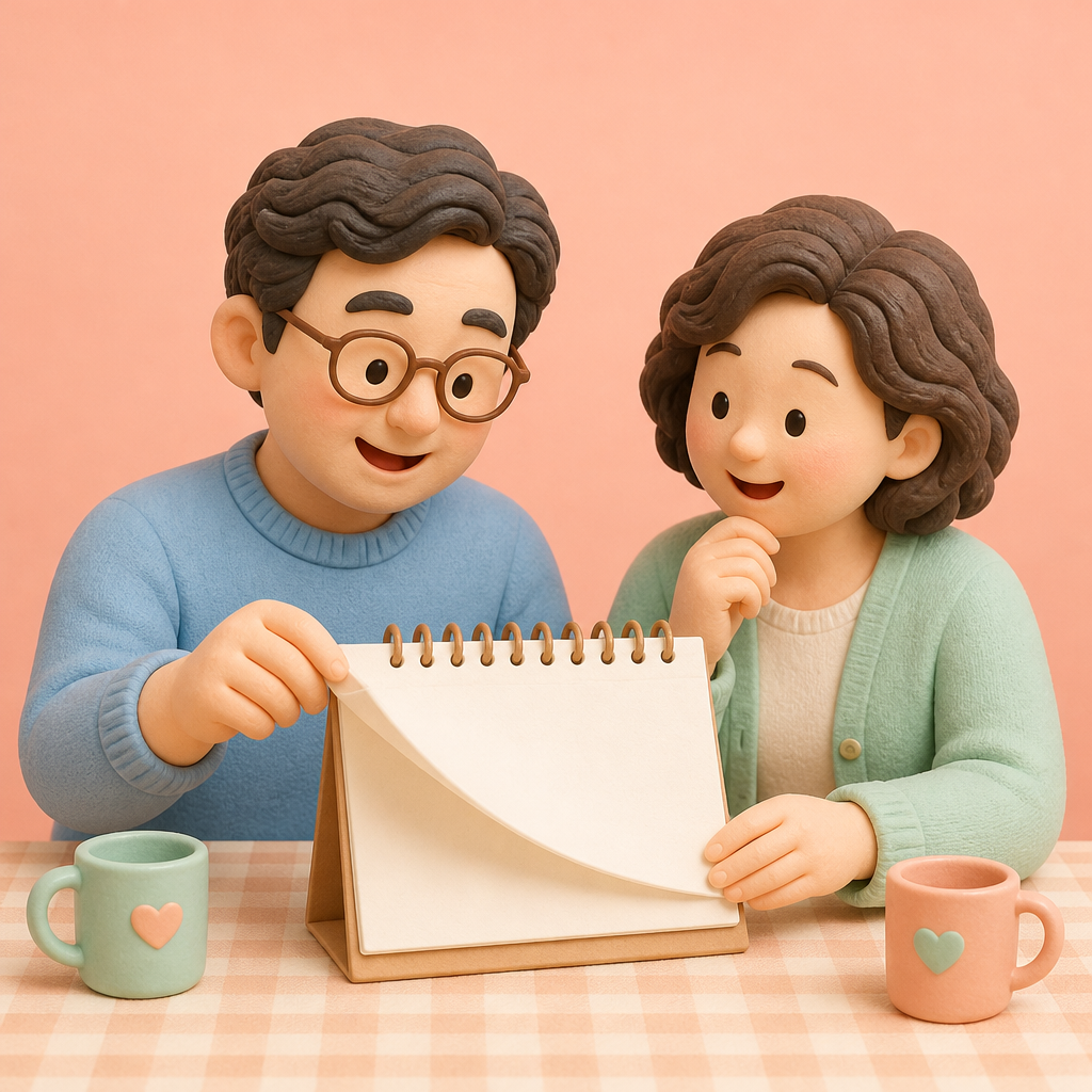 부엌 식탁에서 부부가 달력을 넘기며 이야기하는 모습