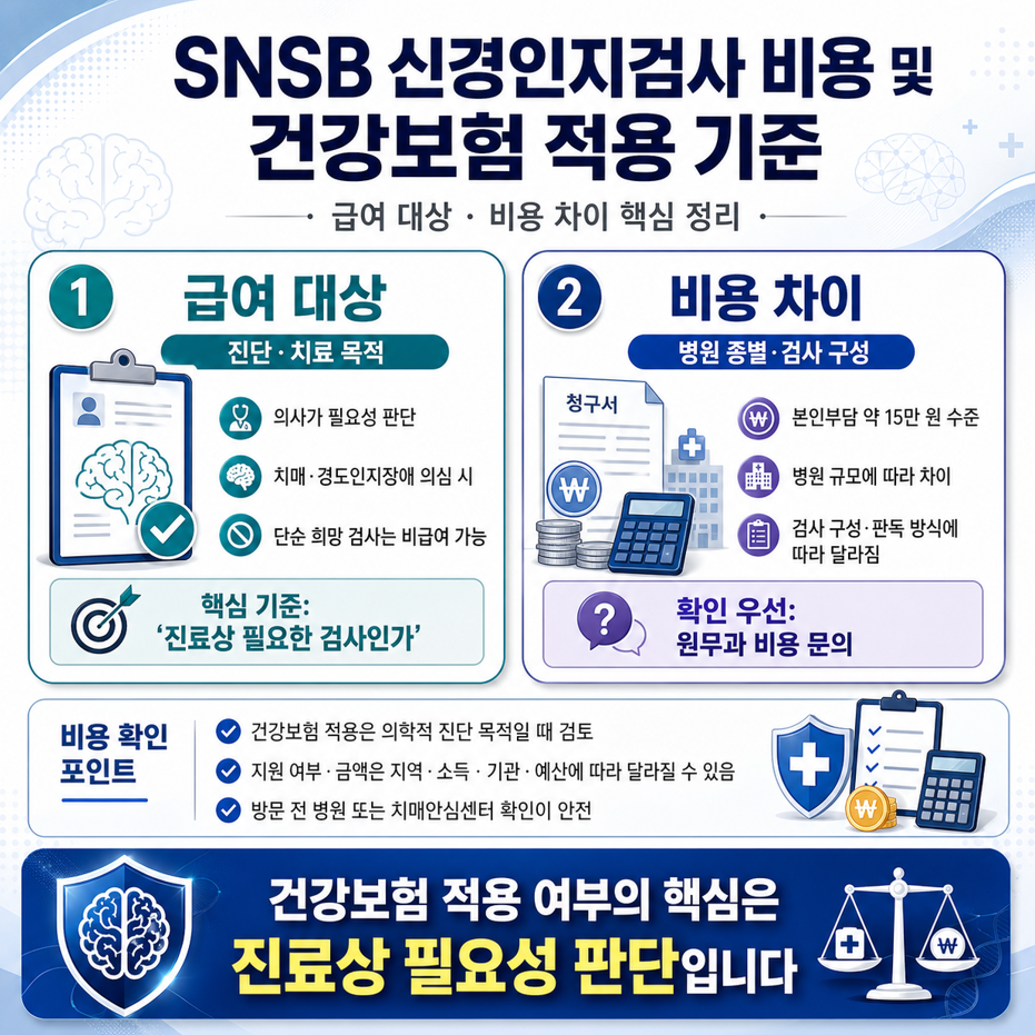 SNSB 신경인지검사 비용과 건강보험 적용 기준을 설명한 인포그래픽