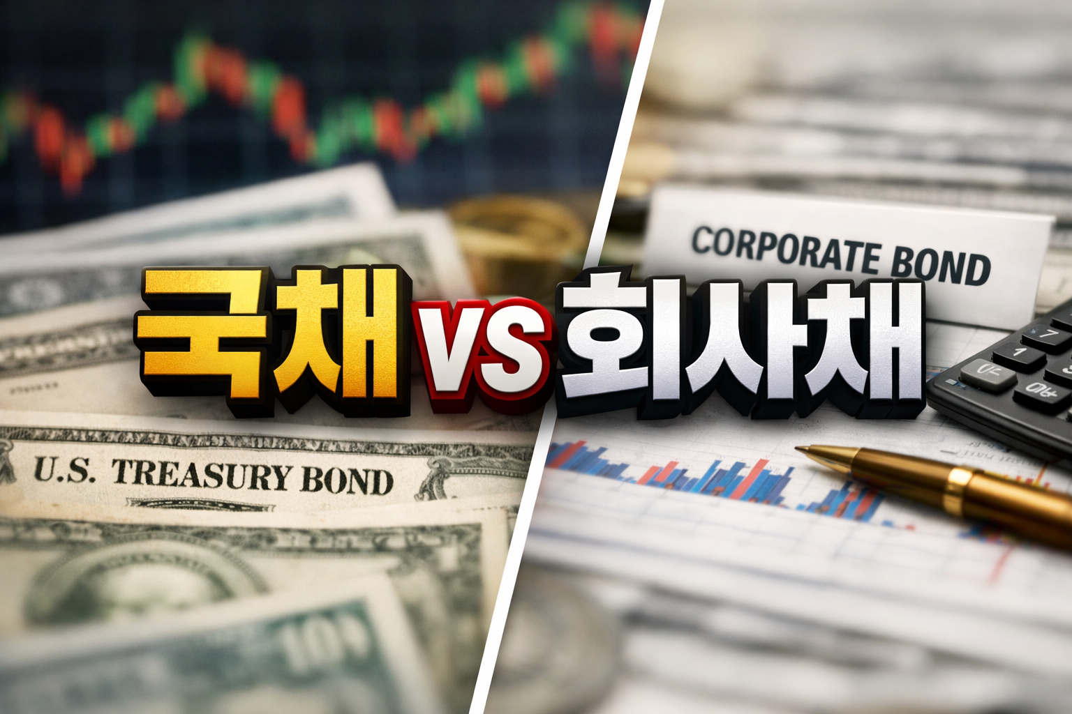 국채와 회사채 차이를 설명하는 개념 이미지, 국채와 기업채권의 위험도와 수익 구조 비교
