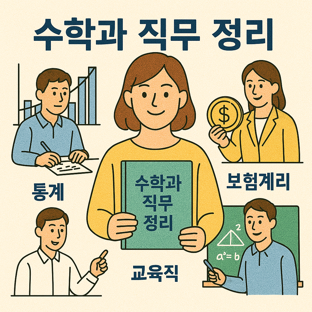 수학과 직무 정리를 주제로 통계, 보험계리, 교육직 분야의 직무를 따뜻한 색감과 명확한 일러스트 스타일로 표현한 포스터