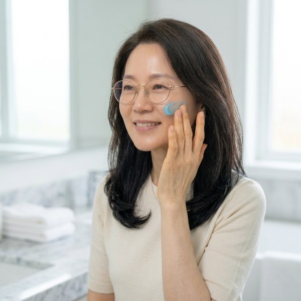 밝은 욕실 배경에서 40대 후반의 중년 여성이 미소를 지으며 뺨에 시원한 수분 크림을 발라 피부 열감을 진정시키고 있는 자연스러운 실사 사진