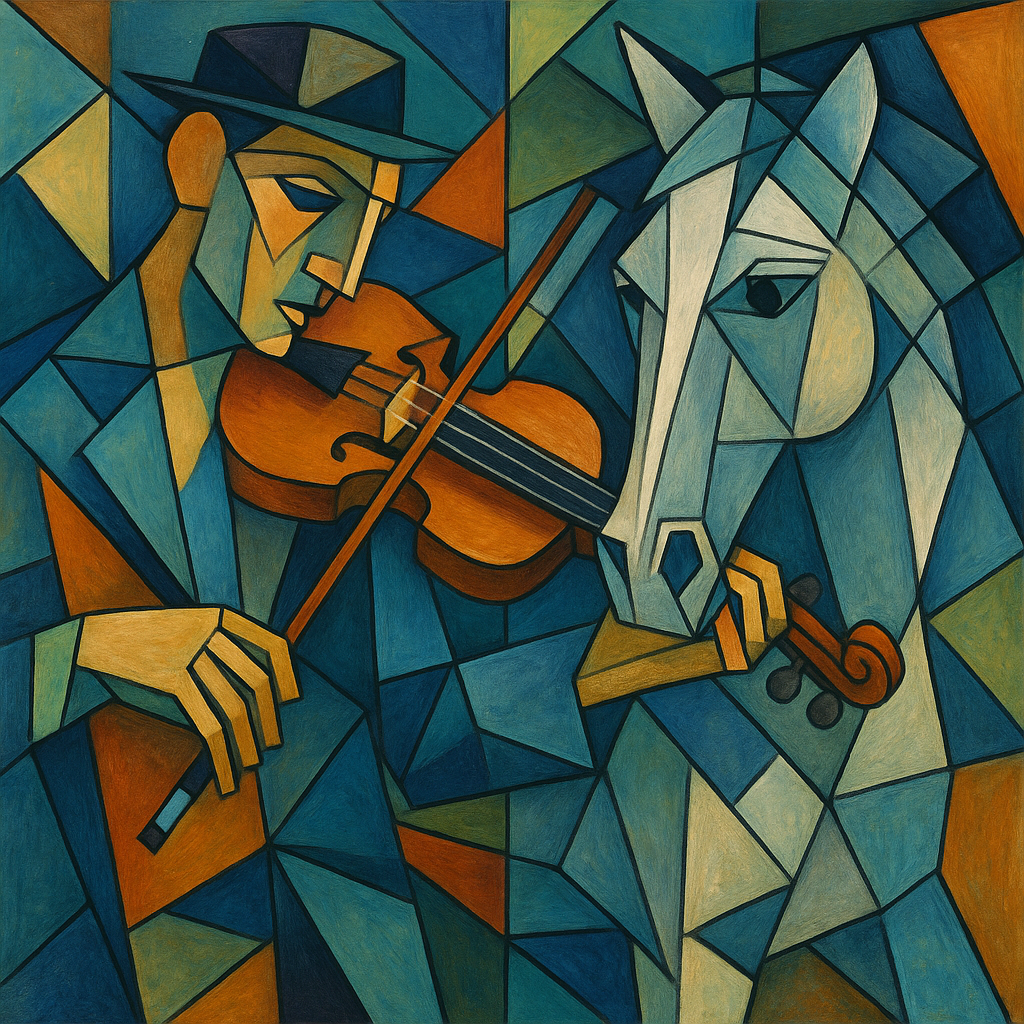 ChatGPT Image 바이올린 연주자와 말, 피카소 큐비즘, 기하학적 분해, 다각도 시점 이미지
