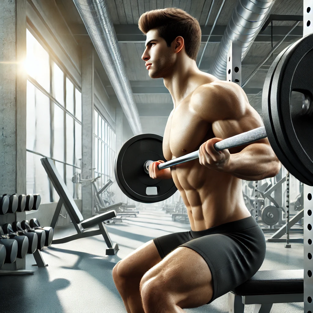 "현대적인 체육관에서 웨이트를 들어 힘과 집중을 발휘하는 남성"