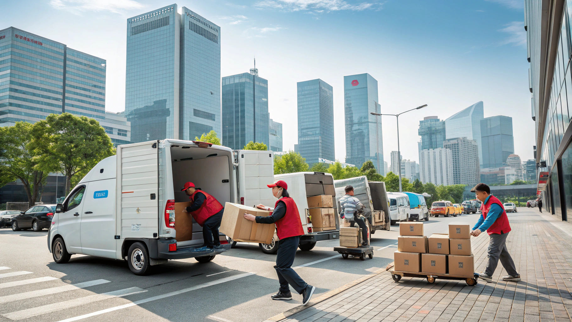배달 나갈 택배들을 택배차에 싣고 있는 사람들