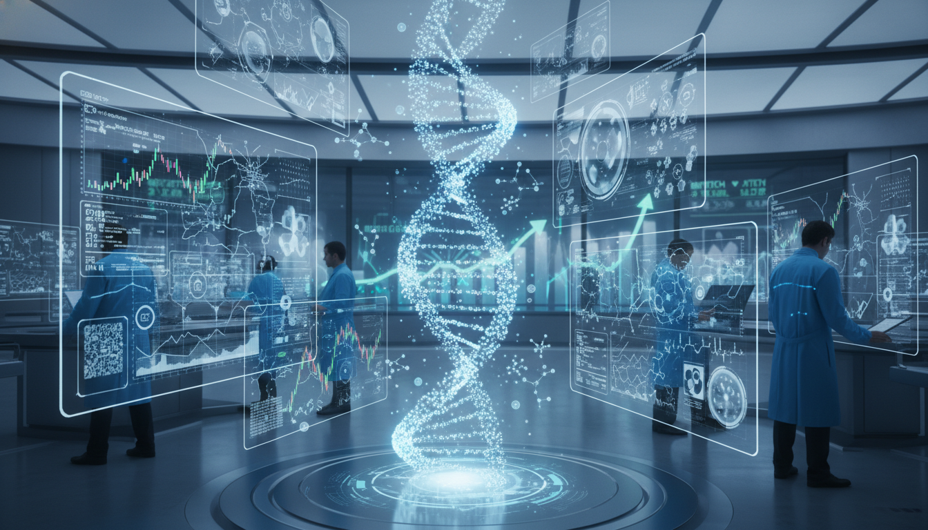 첨단 연구실에서 이중나선 DNA와 그래프를 분석하는 과학자들의 모습으로, 카나프테라퓨틱스의 혁신적인 바이오 기술과 공모주 투자 기회를 상징합니다.