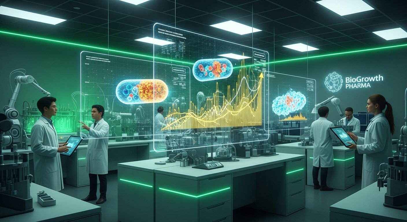 바이오 실험실현장 - 여러 사람들이 근무를 하고 있고 중간에 모니터에 약품의 제품이 있다