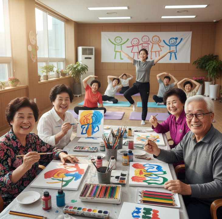 주야간보호센터에서 인지 자극 프로그램에 참여하며 타인과 소통하는 어르신들의 활기찬 모습