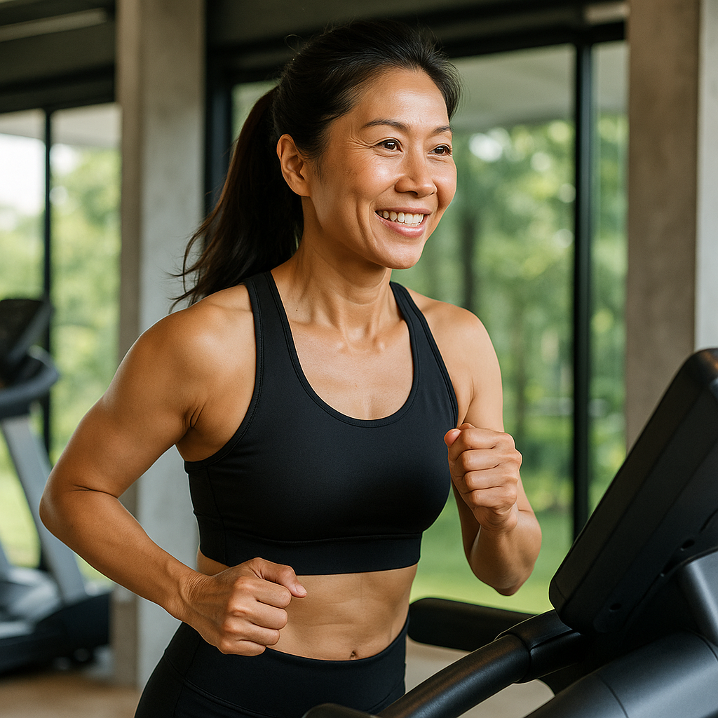 헬스장에서 러닝머신 위에서 미소를 지으며 운동 중인 40대 아시아 여성의 건강하고 활동적인 모습이 담긴 실사 이미지.