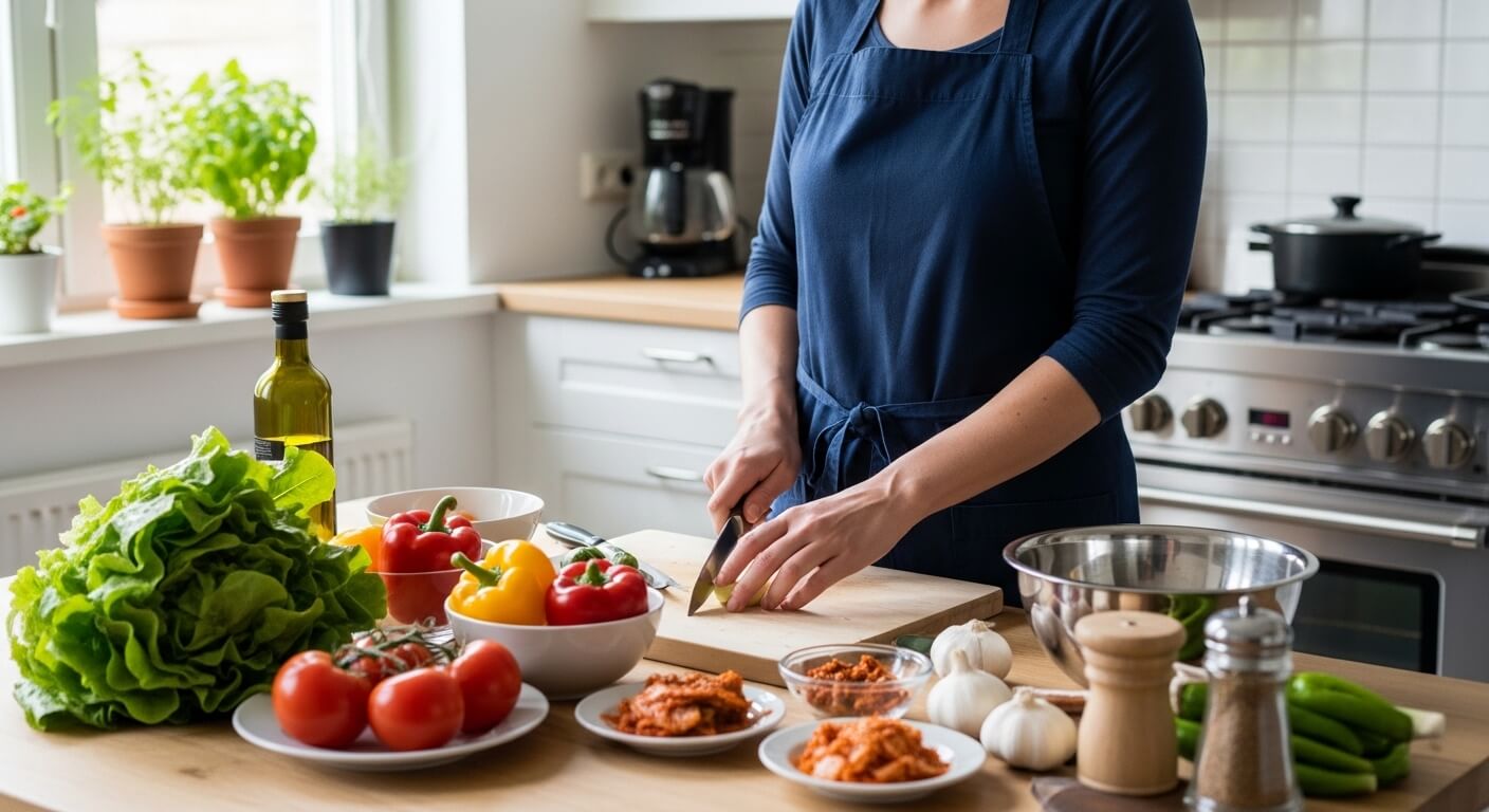 밝은 주방에서 앞치마를 입은 사람이 신선한 채소와 식재료를 준비하며 건강한 식단을 요리하는 모습
