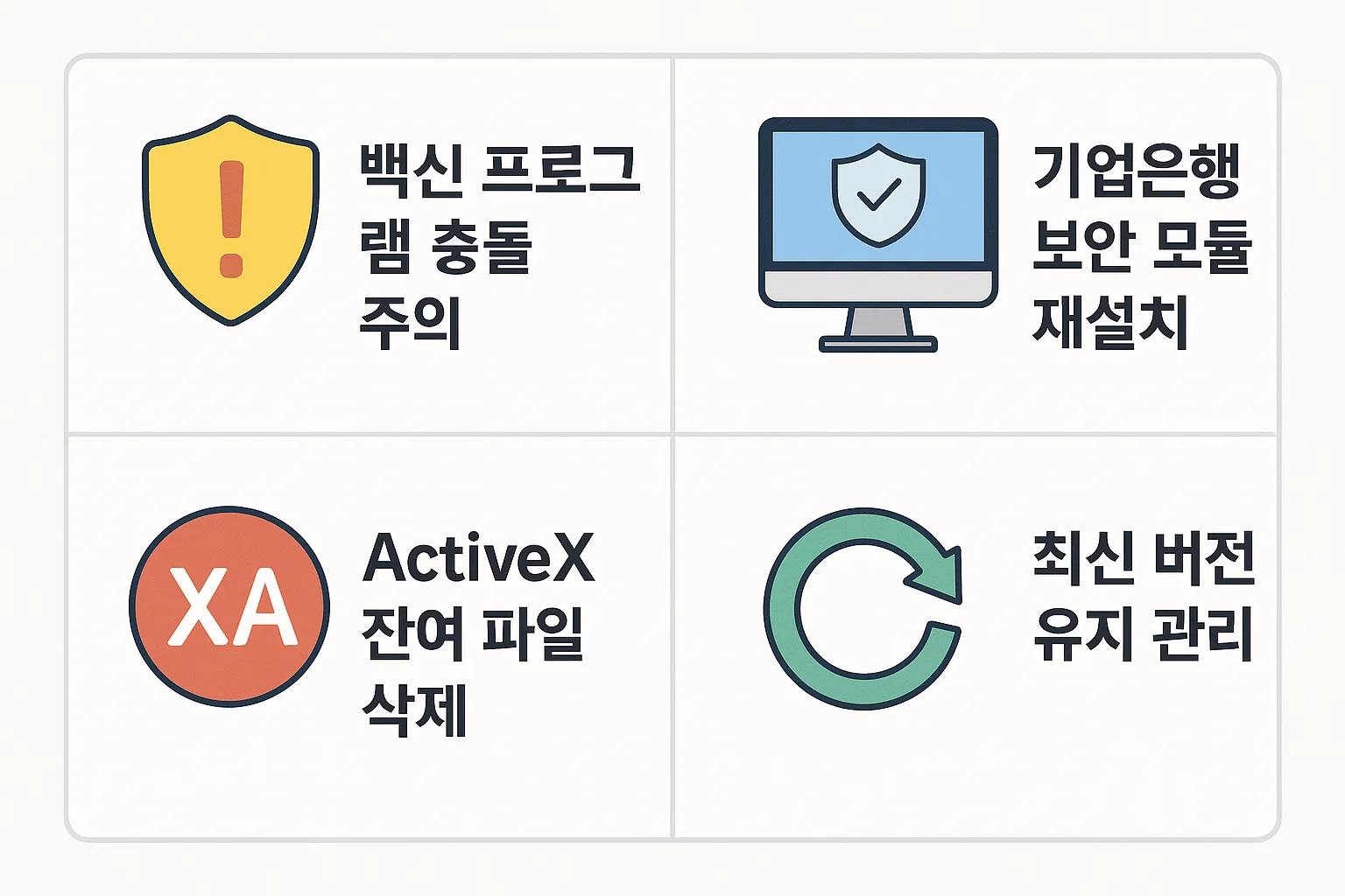 백신 프로그램 충돌, 보안 모듈 재설치, ActiveX 잔여파일 삭제, 최신 버전 유지 등 기업은행 인터넷뱅킹 오류를 예방하기 위한 보안 점검 가이드입니다.