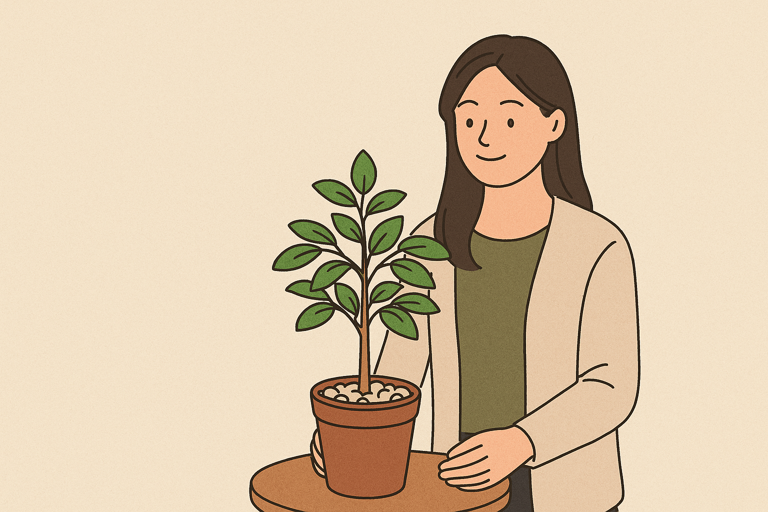 해피트리 화분을 책상 위에 올려두고 손질하는 여성의 일러스트