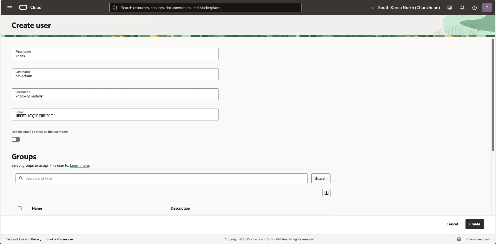 오라클 클라우드 - Domain - User management - Create user