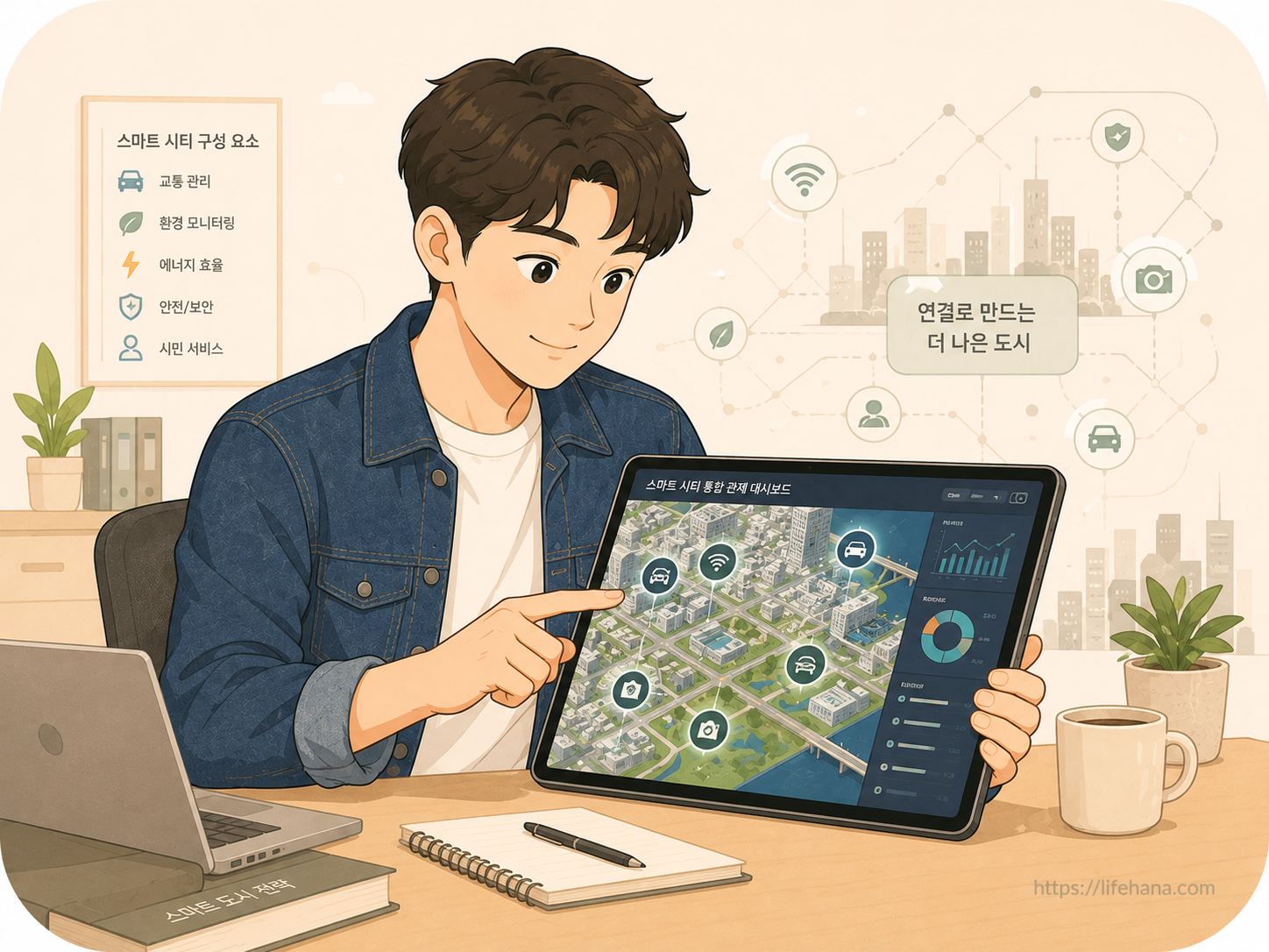 스마트도시 테크놀로지 맵을 배경으로 태블릿을 들고 실증 사업 공고를 분석 중인 젊은 창업가의 모습