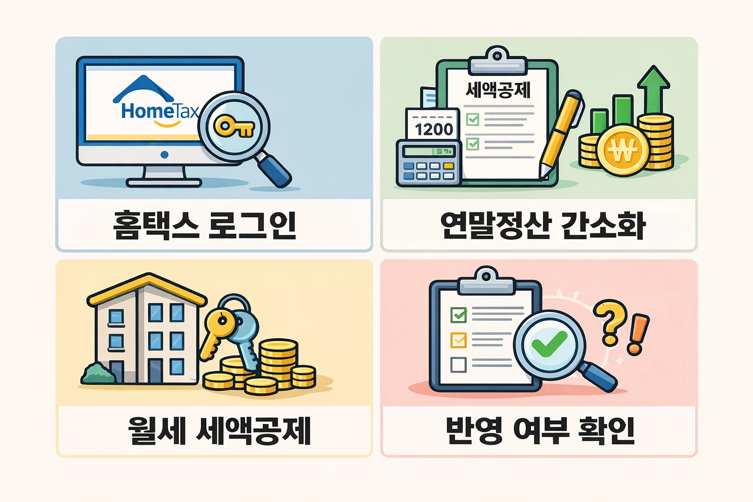 홈택스 로그인부터 연말정산 간소화 화면에서 월세 세액공제 내역을 조회하는 전체 절차를 단계별로 쉽게 설명한 이미지입니다