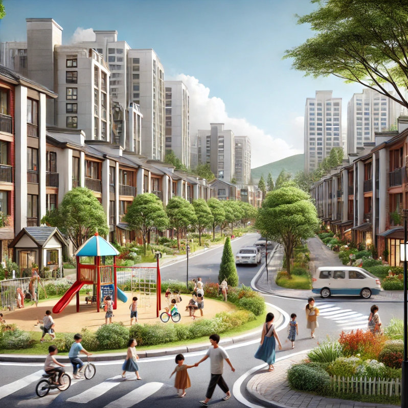 조용하고 깨끗한 공공임대주택 단지에서 산책하는 가족과 아이들의 모습