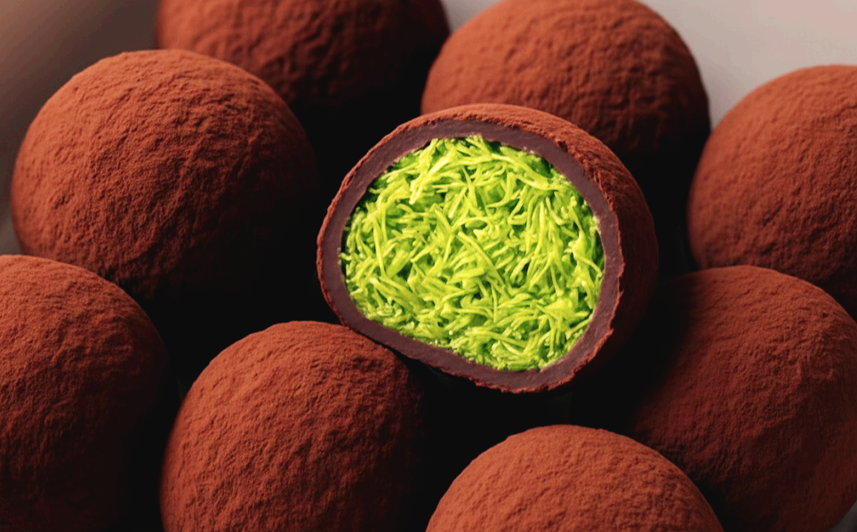 어두운 갈색 초콜릿 볼 여러 개가 놓여 있고, 중심에 있는 초콜릿의 단면이 드러나 있습니다. 겉면은 보송보송한 코코아 파우더로 덮여 있으며, 초콜릿 쉘 안쪽은 선명한 연두색의 얇고 바삭해 보이는 면들이 촘촘하게 채워져 있어 독특한 질감을 보여줍니다.