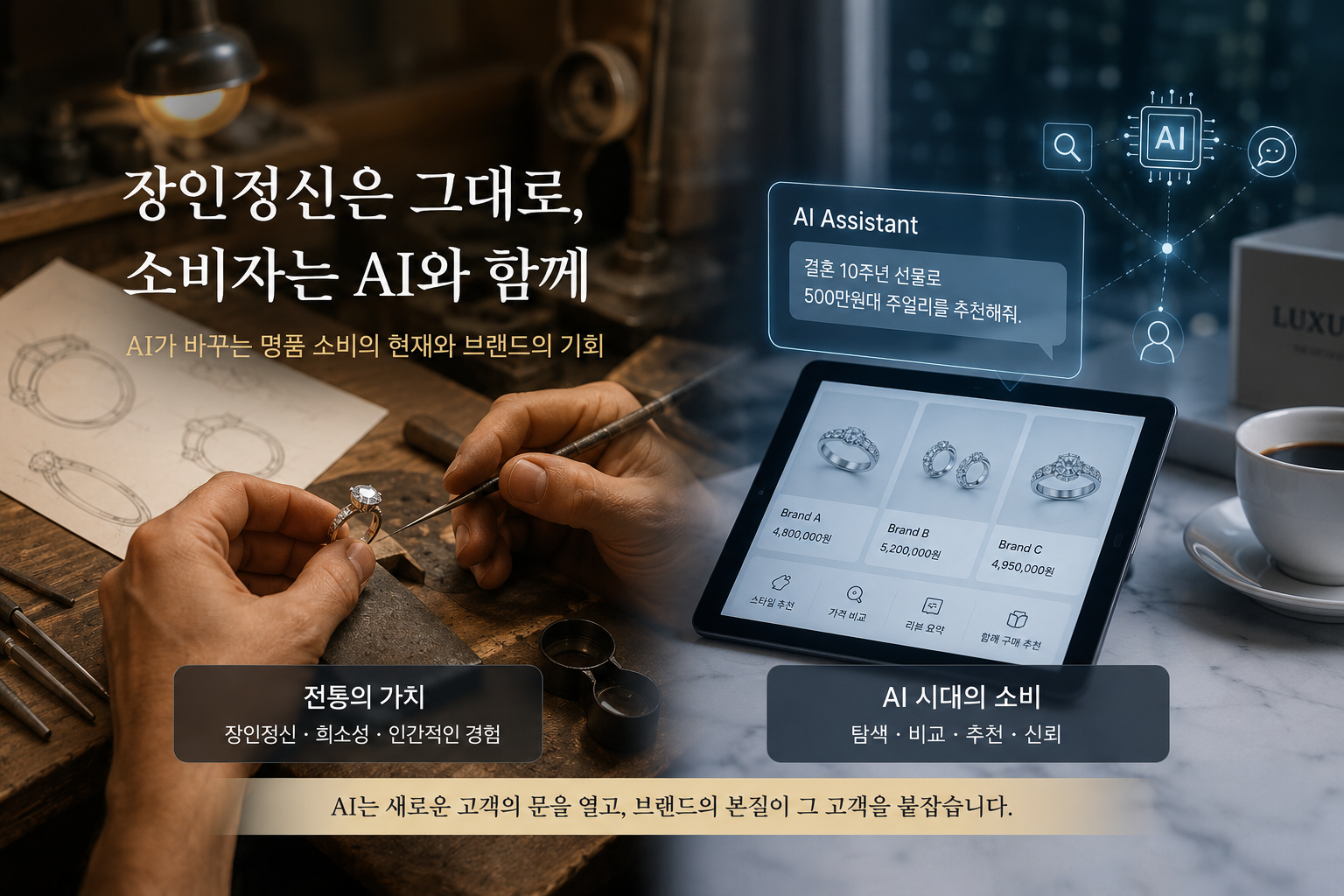 전통적인 주얼리 제작 현장과 AI 를 활용한 명품 소비 변화를 비교한 이미지