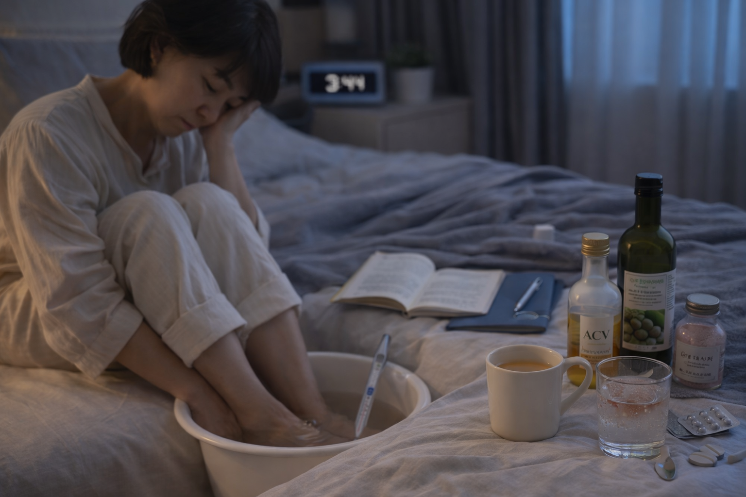 갱년기 불면으로 잠들지 못하고 밤 루틴을 실천하며 수면을 개선하려는 중년 여성의 모습