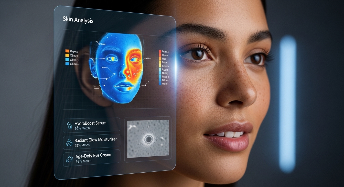 AI 기술이 개인의 피부를 분석하고 맞춤형 뷰티 솔루션을 제공하는 미래적인 모습. 데이터 시각화와 함께 개인화된 피부 관리의 중요성을 나타냅니다.