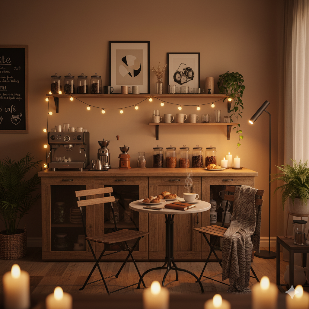 따뜻한 조명과 감성 소품으로 꾸민 홈카페 인테리어 공간 전경(이미지 생성:google)