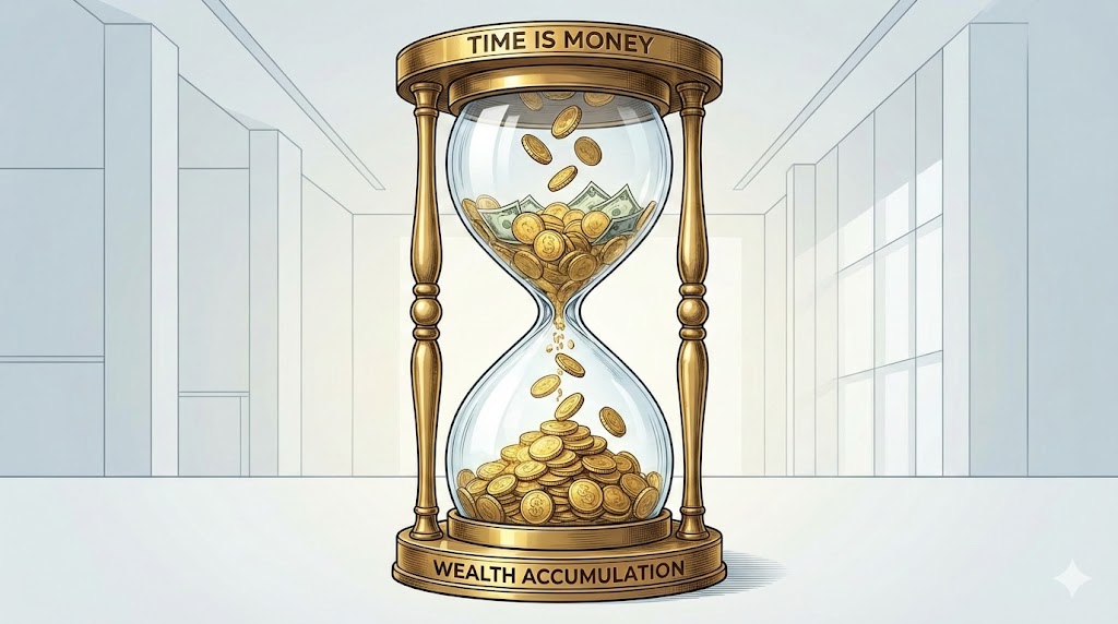시간의 흐름에 따른 복리효과와 자산 축적을 상징하는 모래시계 일러스트