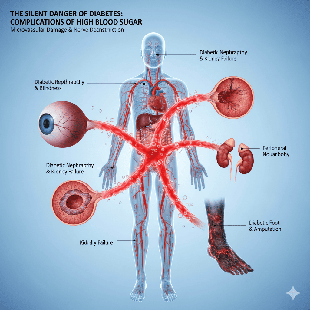 당뇨합병증으로 눈,콩팥,팔,다리의 손상이 오는 이미지