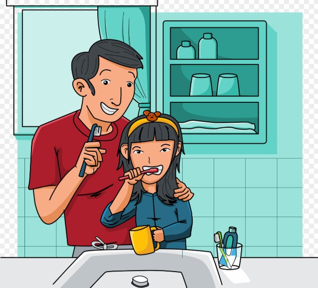 딸과 함께 아버지와 양치하는 모습