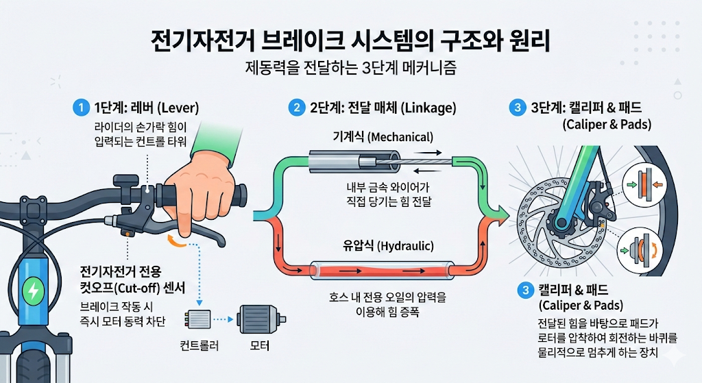 전기자전거 브레이크는 3단계 구조 (레버 - 전달매체 - 캘리퍼&패드)로 이루어져 있으며, 전달매체의 방식에 따라 기계식과 유압식으로 나뉩니다.