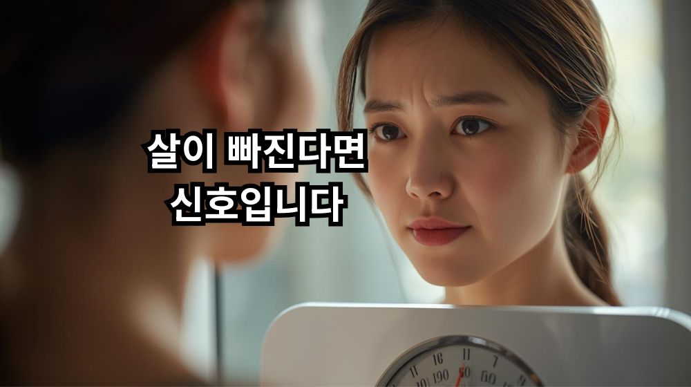 밥을 잘 먹는데도 살이 빠져 걱정하는 여성의 모습. 체중계 위에 서서 건강을 점검하는 장면.
