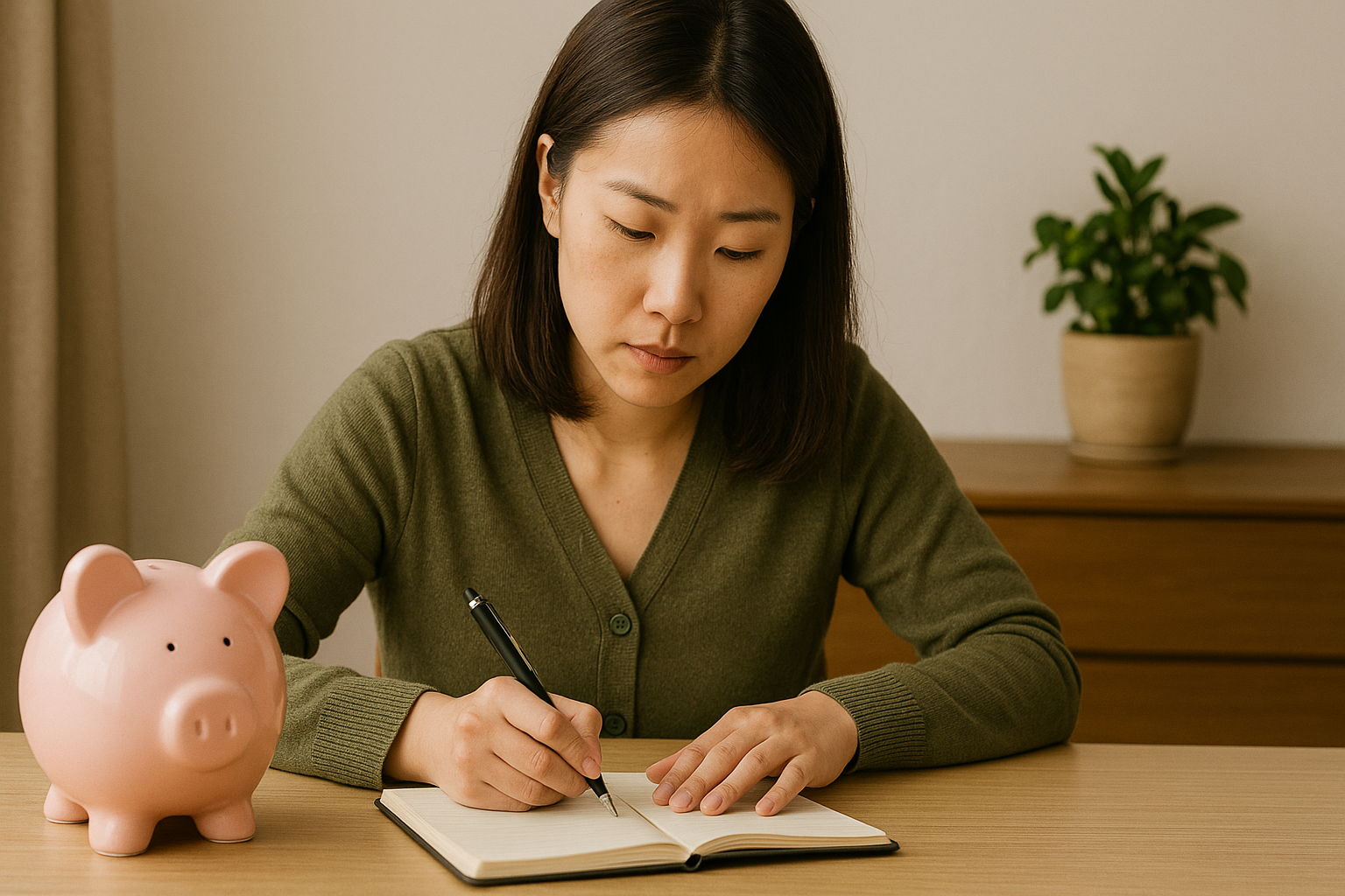 저축 노트를 작성 중인 젊은 여성이 분홍색 돼지 저금통과 함께 앉아 있는 장면으로, 자동 저축 시스템의 안정된 분위기를 표현한 모습