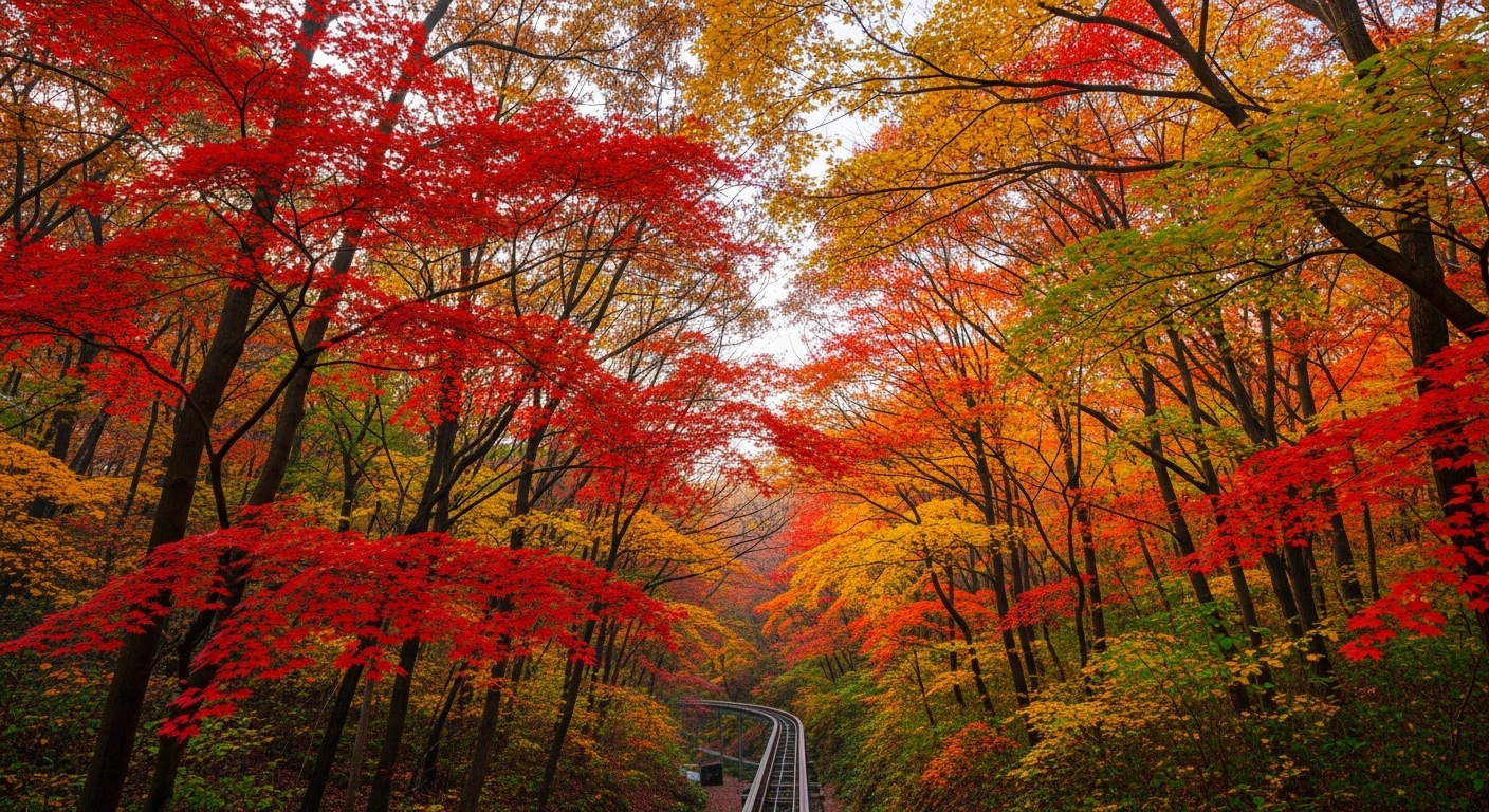 2025년 가을 절정의 화담숲 전경, 붉고 노란 단풍나무들이 울창하게 우거진 아름다운 숲길
