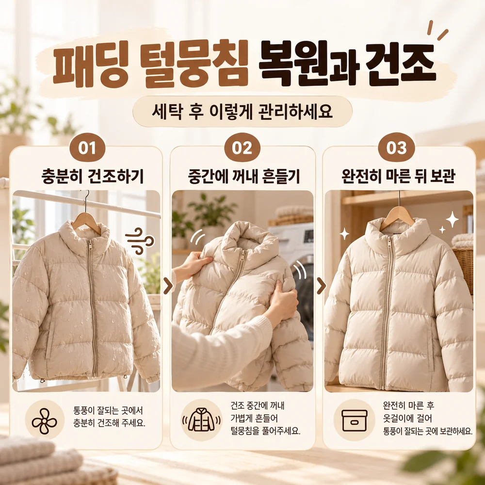 패딩 세탁 후 뭉친 다운 충전재를 충분히 건조하고 가볍게 풀어 볼륨을 회복한 뒤 보관하는 과정