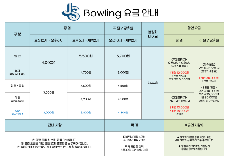 영등포 정석볼링장 요금표 (출처=정석볼링장)