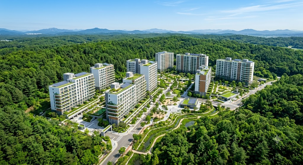 수도권 개발 제한 구역 주변에 조성된 현대적인 신도시 아파트 단지 전경