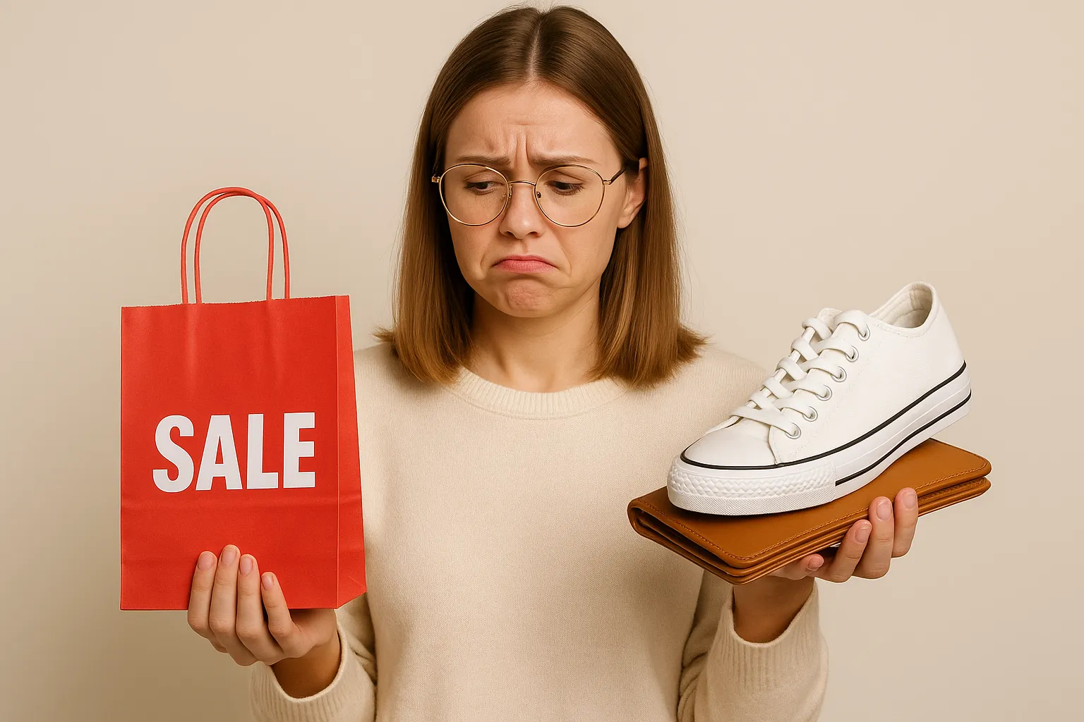 할인-쇼핑백과-정가-신발을-들고-소비-만족도를-고민하는-여성의-모습