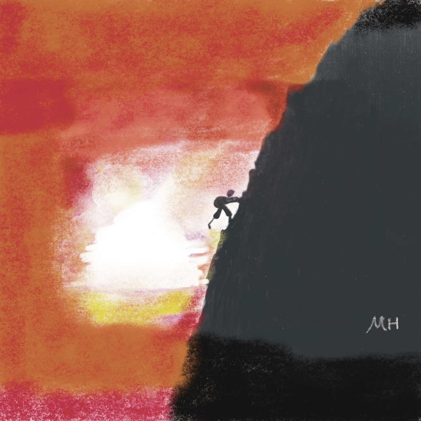 새벽 동틀무렵 산을 오르는 사나이 그림