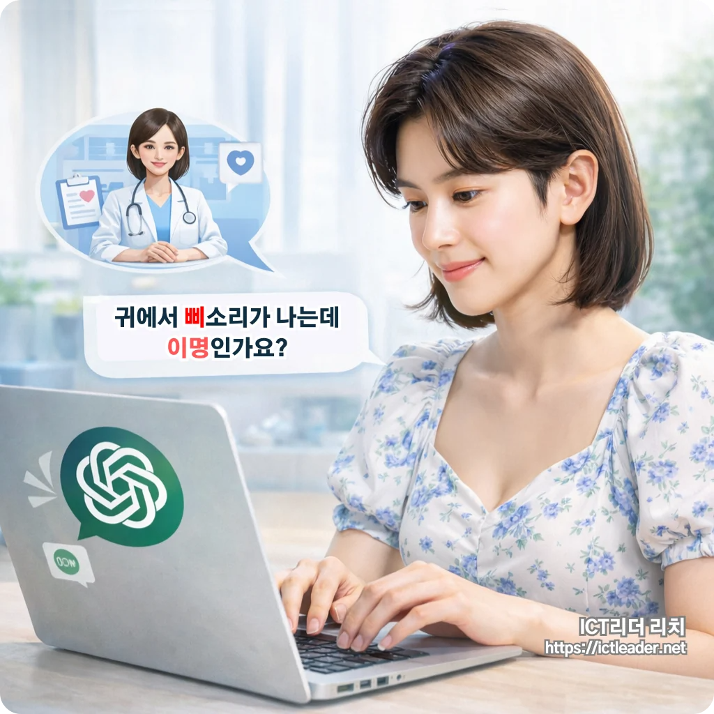 강남 스타일의 세련된 20대 한국 여성이 AI에게 건강 프롬프트를 입력하는 모습. 클린하고 고급스러운 분위기의 정사각 이미지.