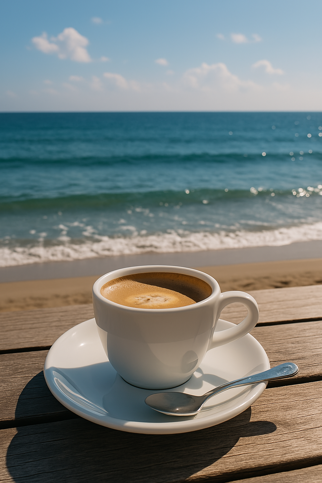 바다앞에 놓여진 커피잔 사진