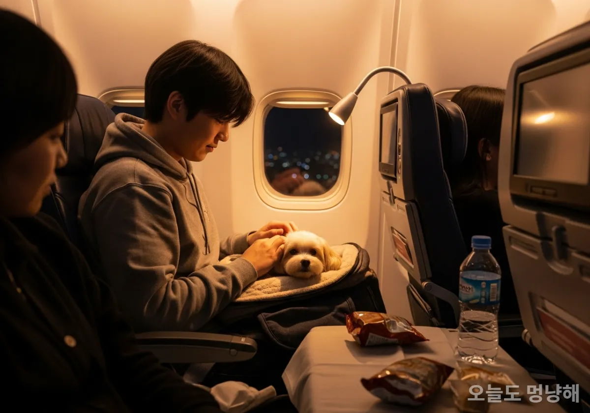 비행기 기내 좌석 아래 놓인 소프트 케이지 안의 강아지를 안심시키는 승객의 모습