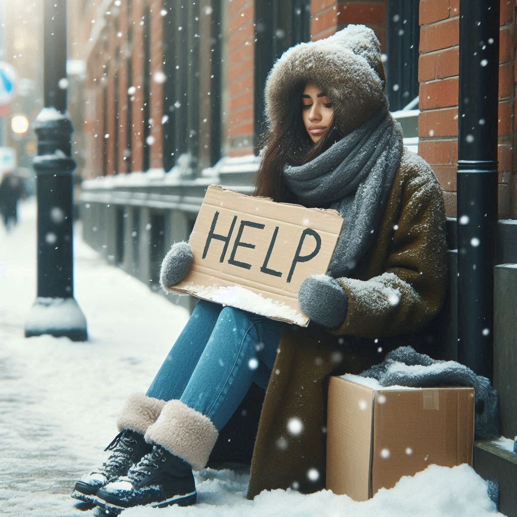 겨울, 거리에서 도움을 요청하는 사람