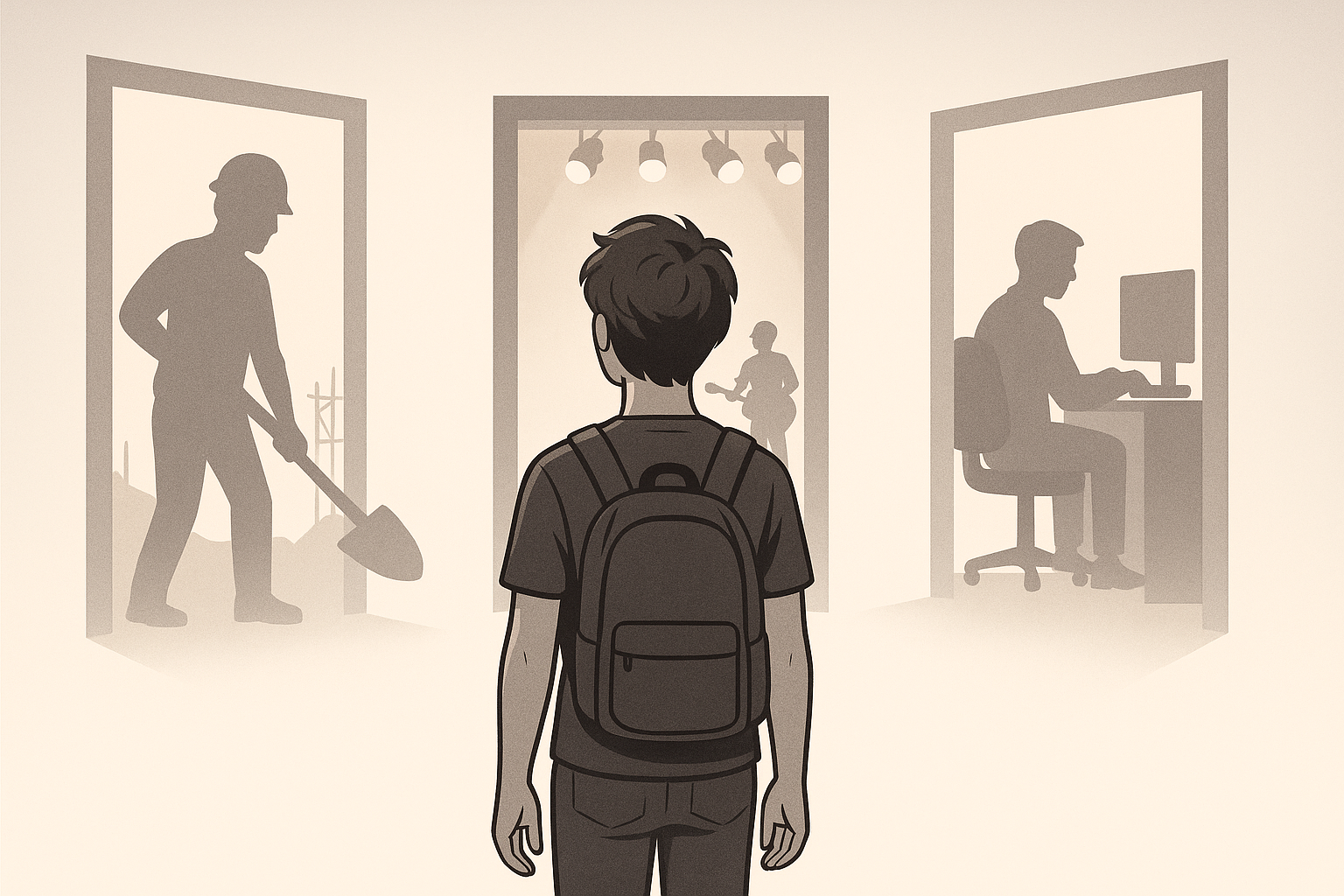 학생이 여러 직업들의 문 앞에서 보고있는 장면 일러스트