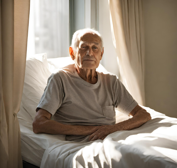 파킨슨병으롤 병원 병상에 앉아있는 노인