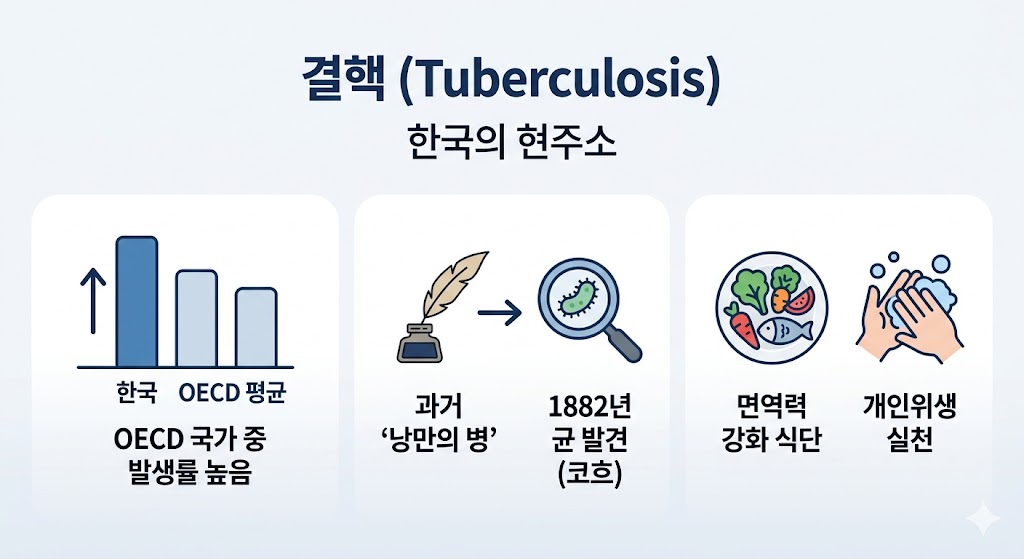 한국의 결핵 현황과 예방 정보를 담은 이미지입니다. 좌측에는 OECD 평균보다 높은 한국의 발생률 그래프가 있고, 중앙에는 과거 낭만의 병에서 1882년 코흐의 균 발견으로 이어지는 역사를 묘사했습니다. 우측에는 면역력 강화 식단과 개인위생 실천 아이콘을 배치해 예방법을 심플하게 표현했습니다.