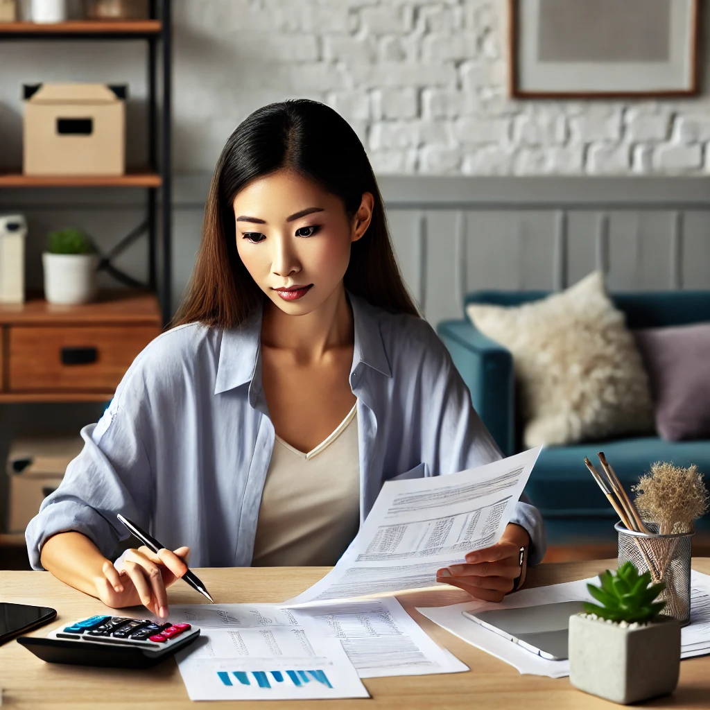 30대 초반의 한국 여성이 책상에 앉아 재정 문서와 계산기를 사용하여 예산을 분석하며 집중한 표정을 짓고 있는 모습, 현대적이고 정리된 작업 공간